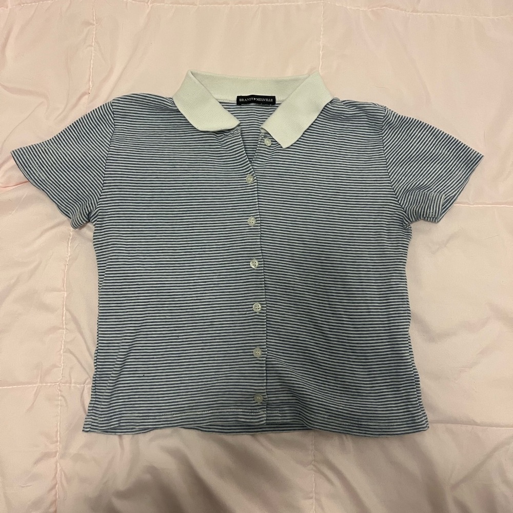 Blue and White Striped Brandy Melville Polo Top